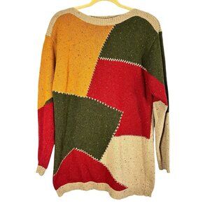 Retro Patchwork Knit Sweater M Red Colorful Festive Holiday Chic‎ Western 80s